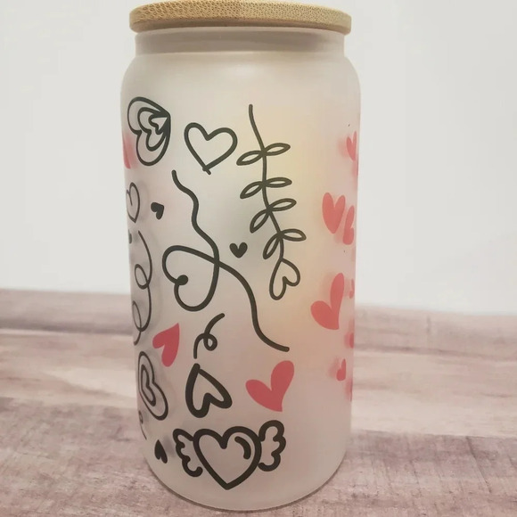Sunflower‎ hearts doodle art custom frosted glass cup with lid and straw 16oz - Picture 3 of 4